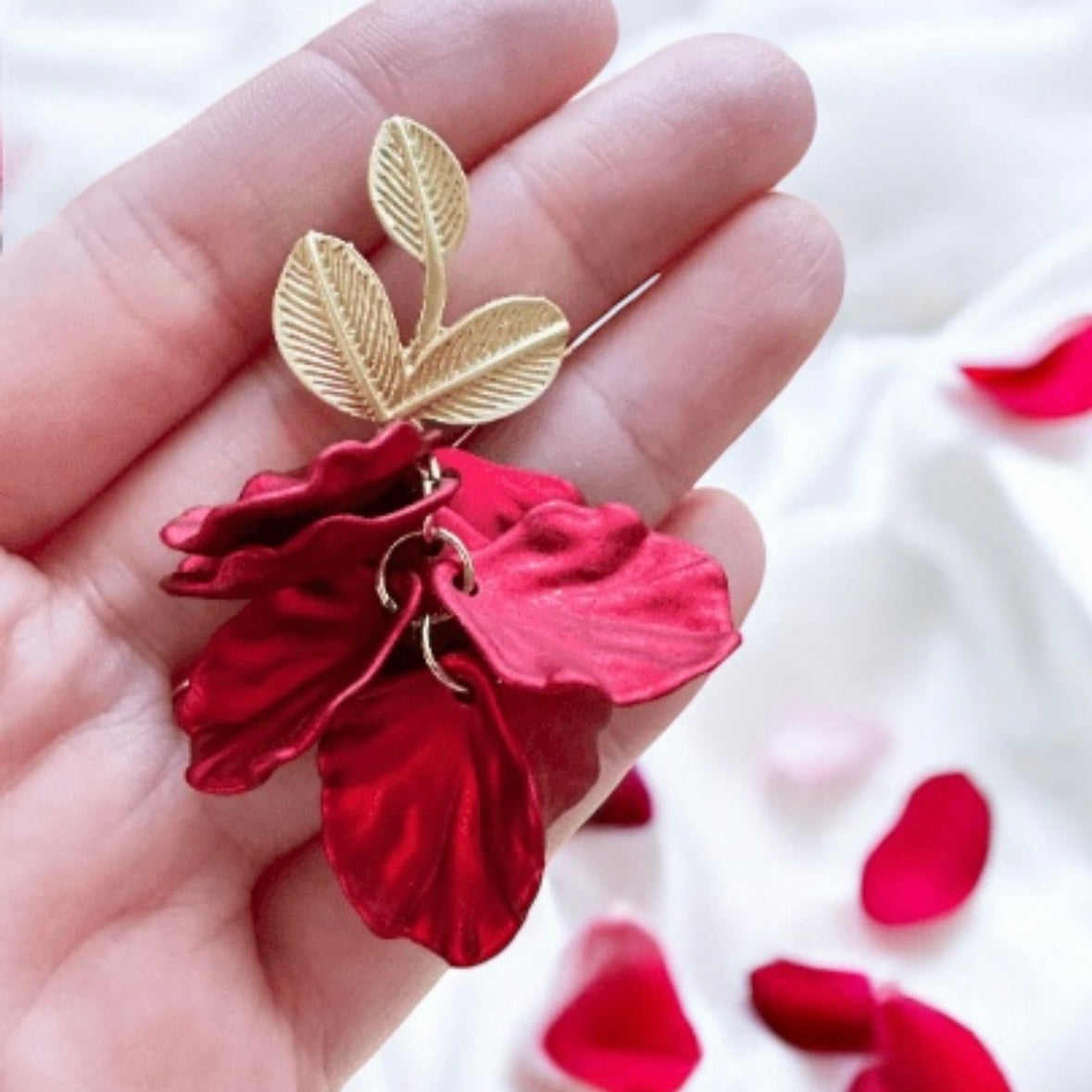 Hot red iridescent flower earrings | dangle petals baroque earrings | unique golden floral earrings | bridal party wedding earrings