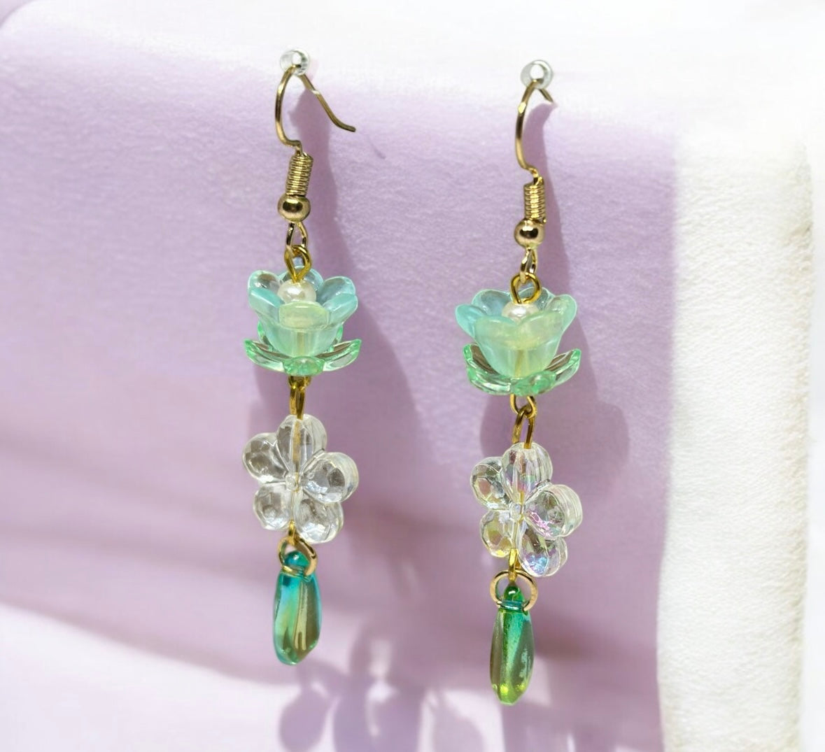 Mint green flower earrings | golden leaf mini flower earrings | elegant floral dangle chain earrings