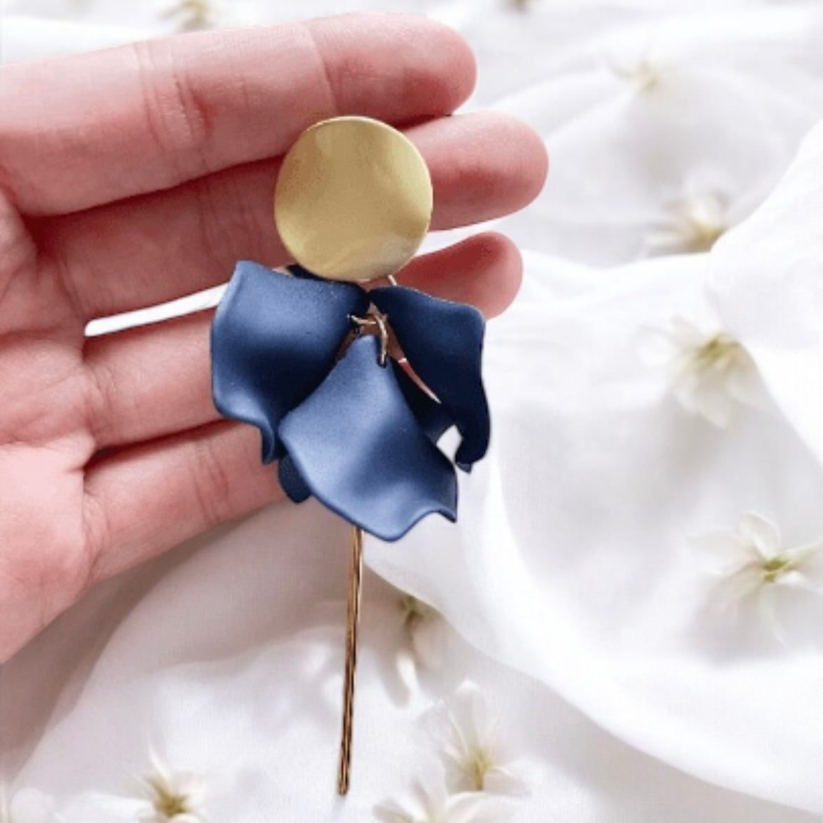 Navy or grey flower earrings |dangly earrings | frosted petals hoop statement earrings | golden disc geometric floral bridal earrings