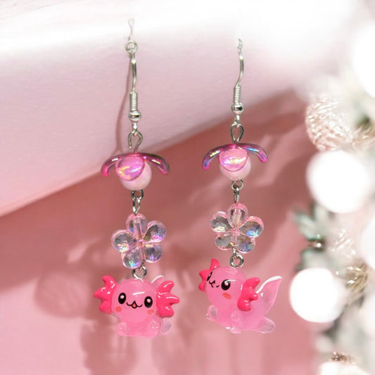 Pink Axolotl earrings | 3d dangle earrings | sea creature earrings