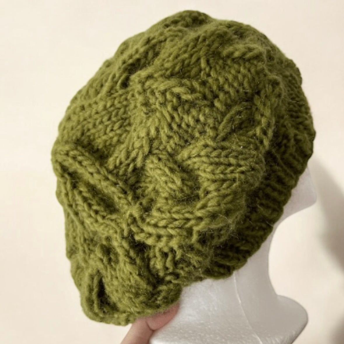 Handknit Cable Slouchy Beanie | Knit Beret | Slouchy Hat in green colour| Knit beanie in dark moss green | Fluffy and cozy winter hat