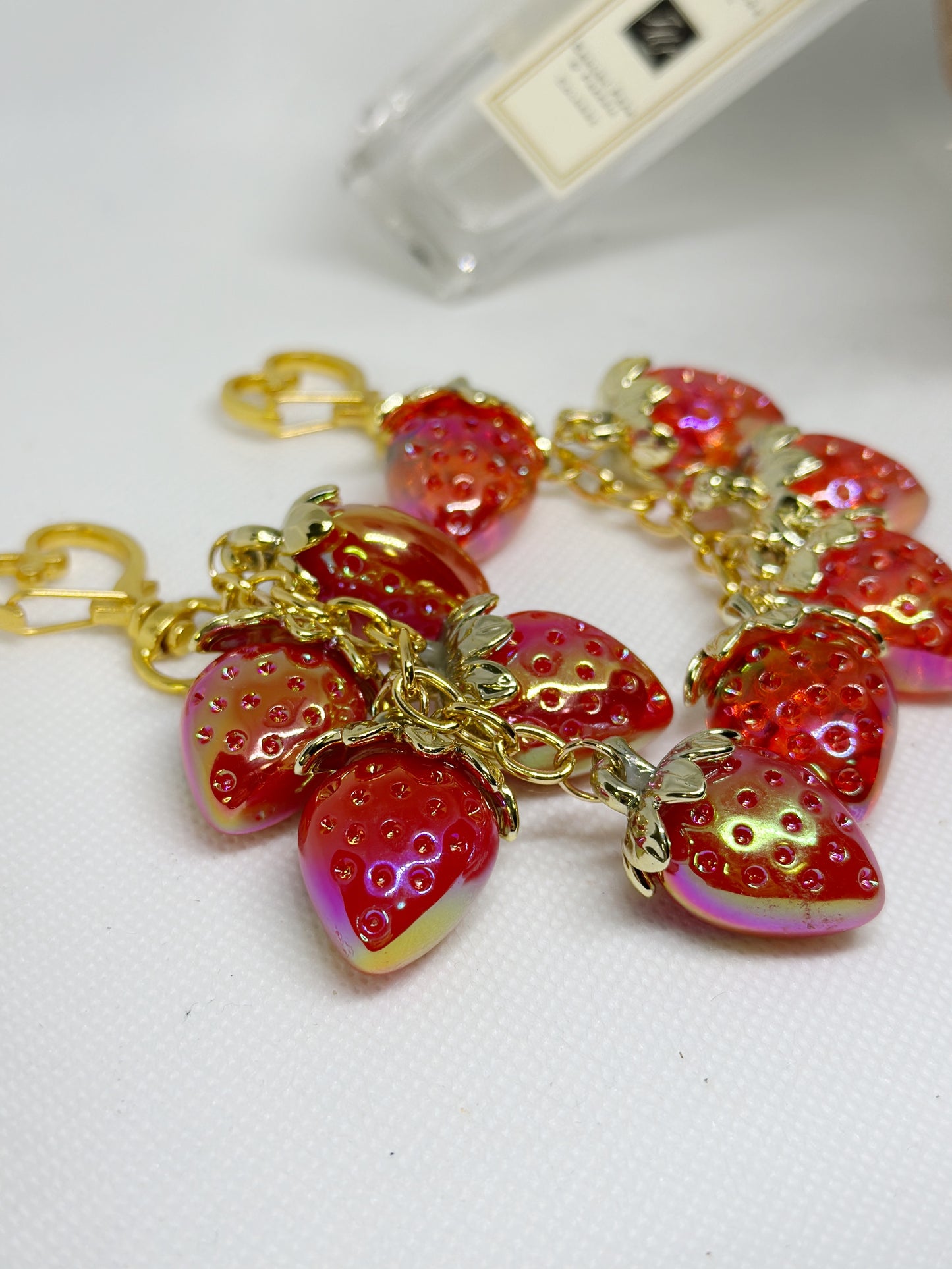 Strawberry bag charm | key chain | golden chain with heart bucket | y2k chain | bag lover gift | lux keychain