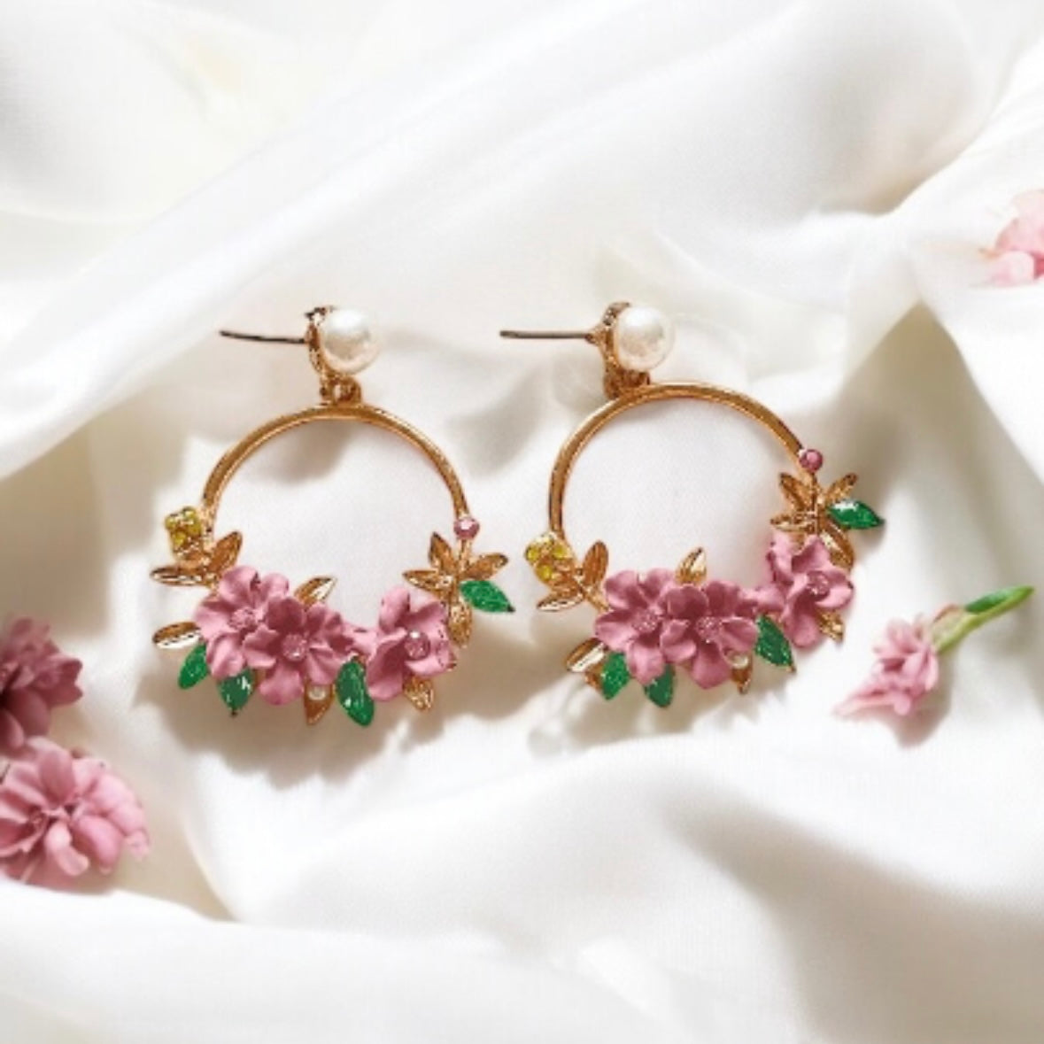 Gold flower hoop earrings with pearls | open dangle earrings | spring floral earrings | Flower petal dangly earrings | bridal earrings