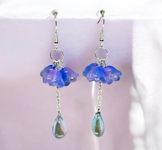 Purple blue flower earrings | golden leaf mini flower earrings | elegant floral dangle chain earrings