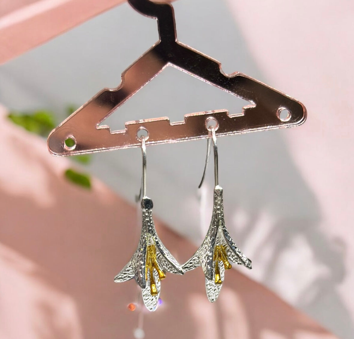 Silver lily leaf Flower Gold statement earrings | dangly drop earrings | floral geometric earrings | Korean earrings