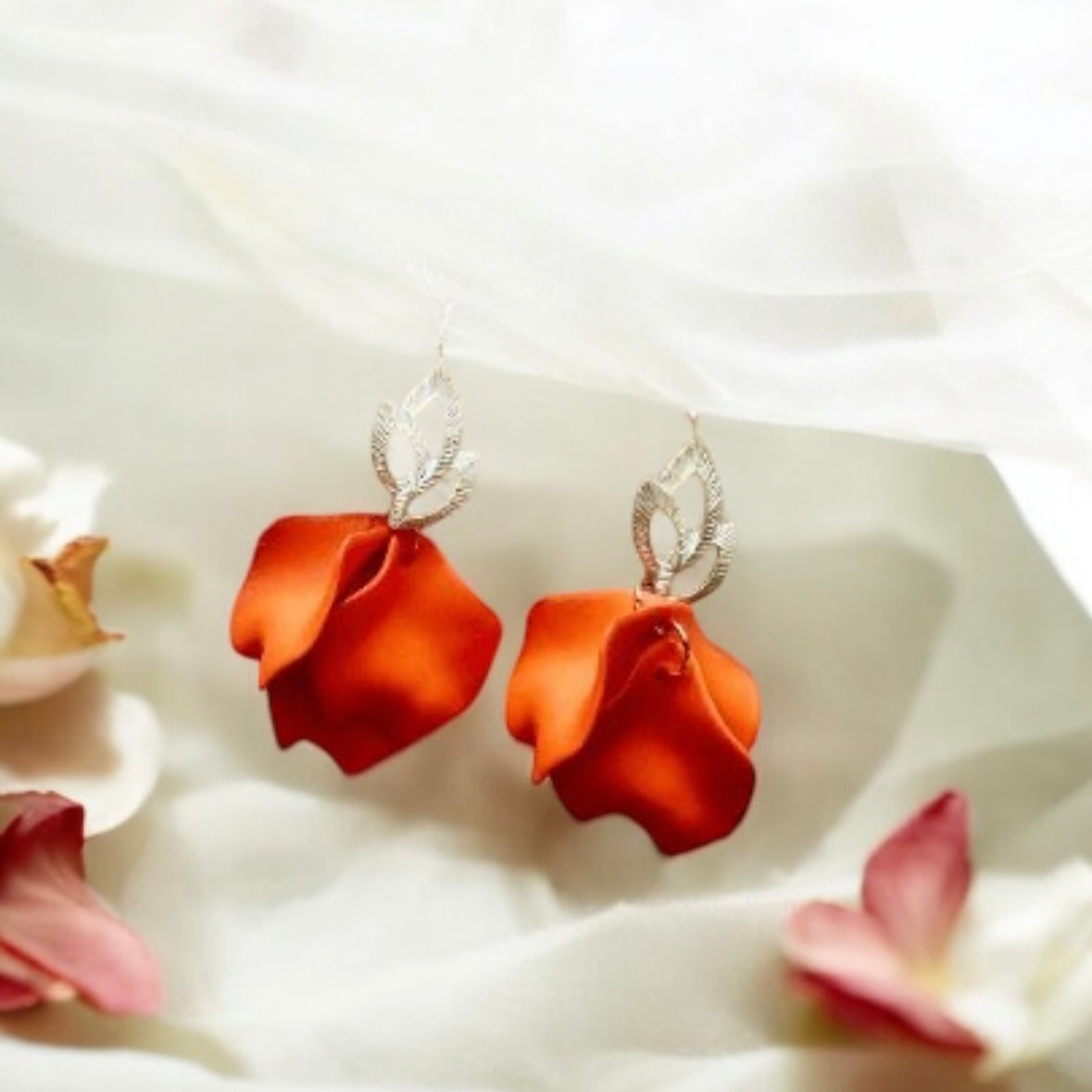 Bright orange flower earrings | dangle petals statement earrings | unique golden bar floral earrings | bridal party wedding earrings