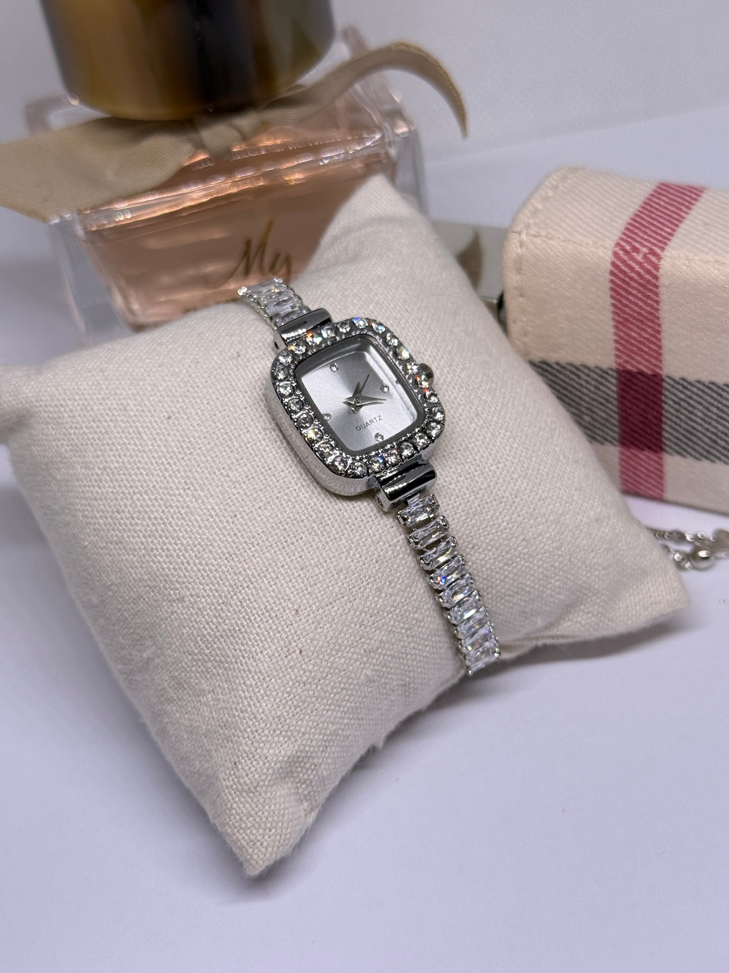 Silver tone rhinestone bracelet watch