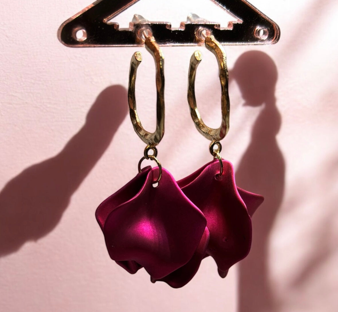 Fuchsia pink flower earrings | dangly earrings | golden geometric floral bridal party earrings