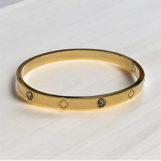 Gold bangles with zircon and clover pattern | rhinestones embossed | shinny bangle