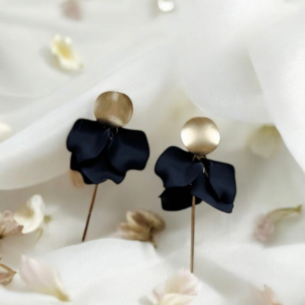 Pure black flowers earrings | frosted petals hoop earrings | unique floral earrings | golden crumpled geometric floral bridal earrings