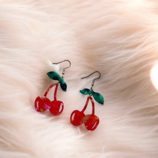 Acetate red cherry dangle earrings | fruits dangle earrings | oversize statement | cute kawaii earrings | burgundy red cherry petals