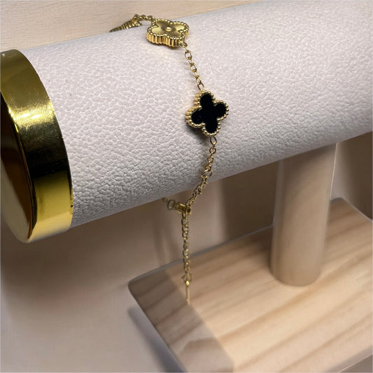 Golden bracelet with clover charm black and gold colour | stainless steel shinny decor bracelet