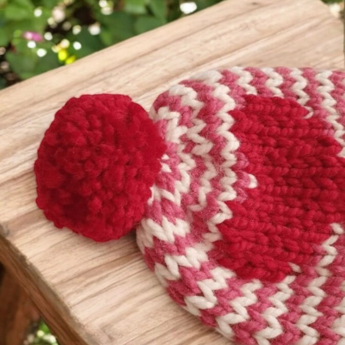 Hand knit Raspberry Love Heart and stripes pompom hat | Baby Toddler beanie |Chunky Pom Pom Hat | Knit winter hat | Baby gift