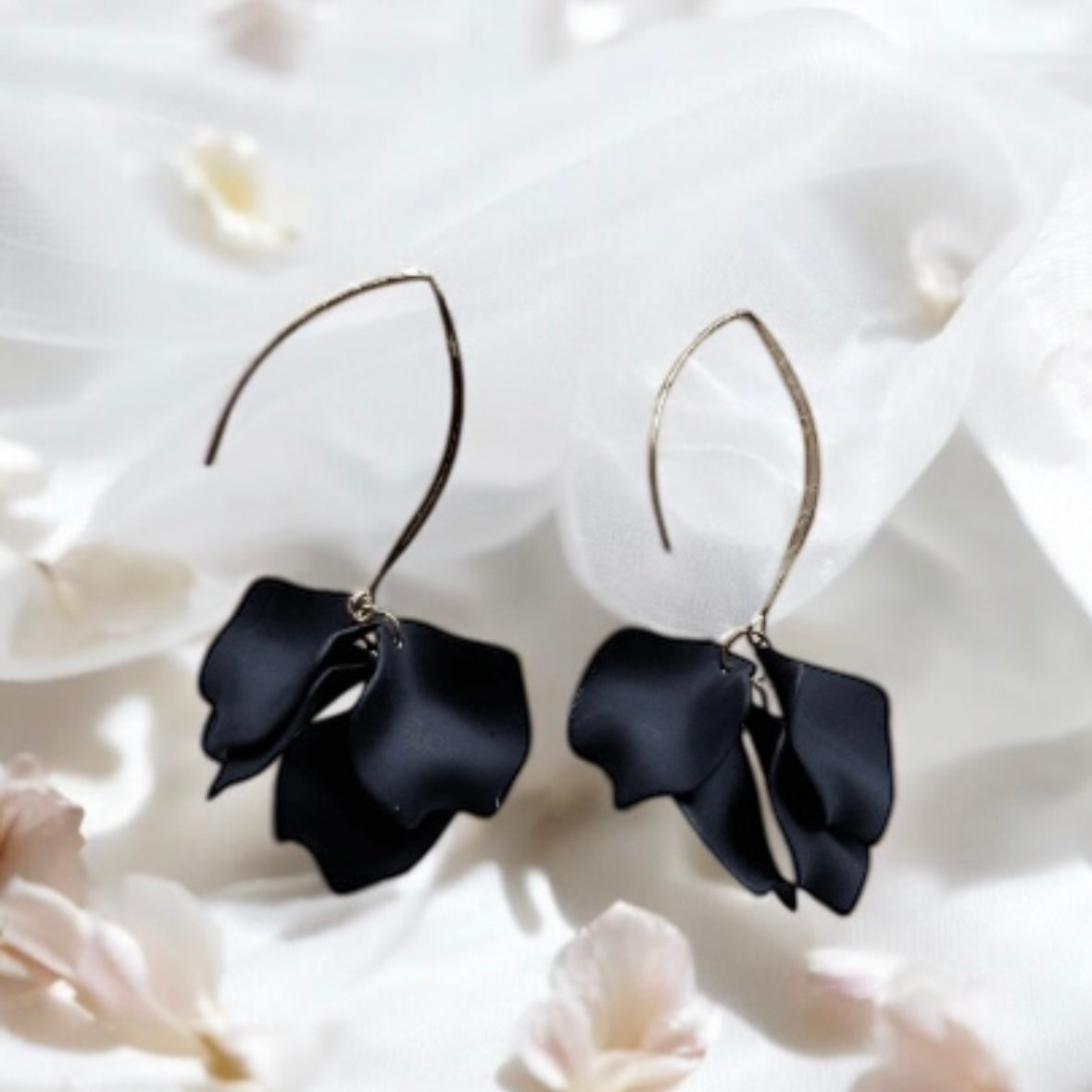 Pure black flowers earrings | frosted petals hoop earrings | unique floral earrings | golden crumpled geometric floral bridal earrings