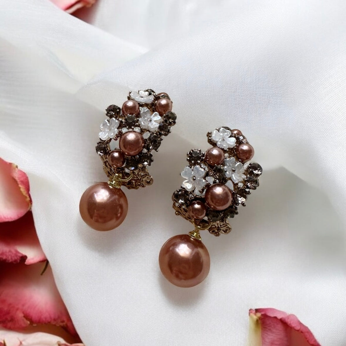 Copper brown glitter flower earrings | iridescent floral pearl imitation pearl drop earrings | bridal party earrings