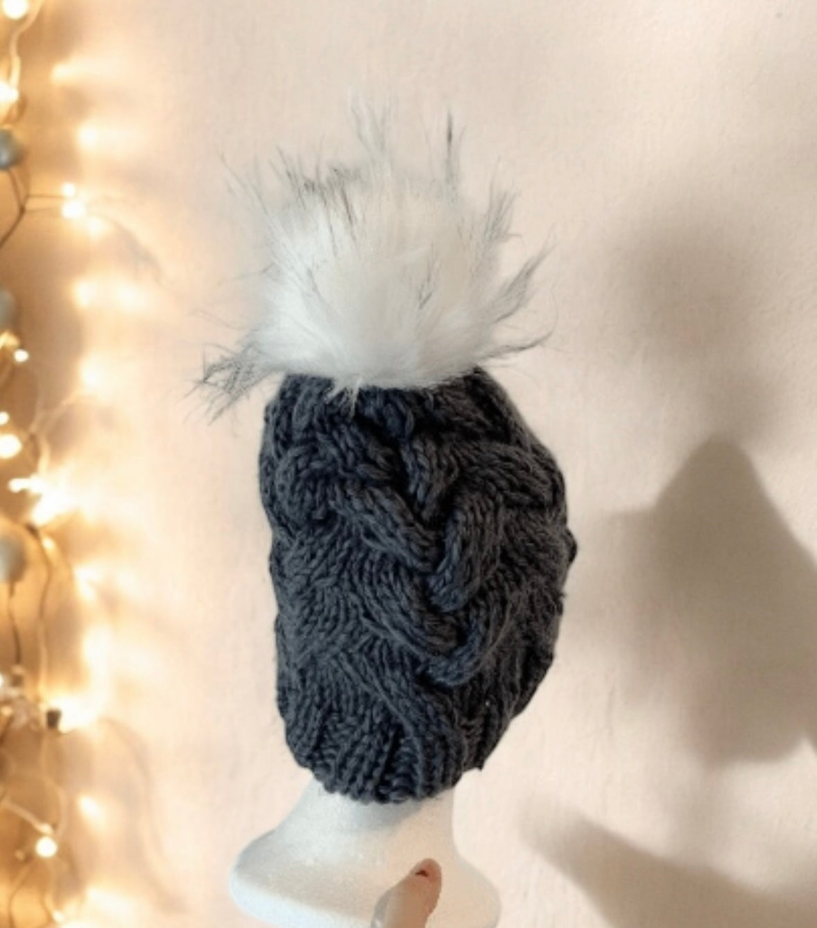 Handknit Cable Beanie | Knit Beret | Slouchy Hat in dark grey | Knit beanie in charcoal | Fluffy cozy fur pom pom winter hat