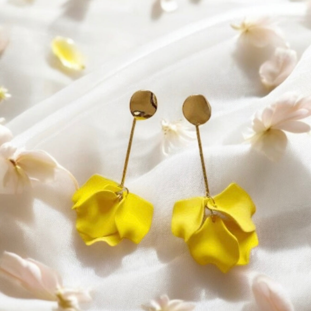 Bright yellow flower earrings |dangle petals baroque earrings | gold bar unique floral earrings | bridal party wedding earrings