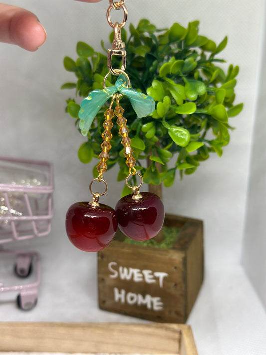 Cherry bag charm | key chain | golden chain with flowers and leaf