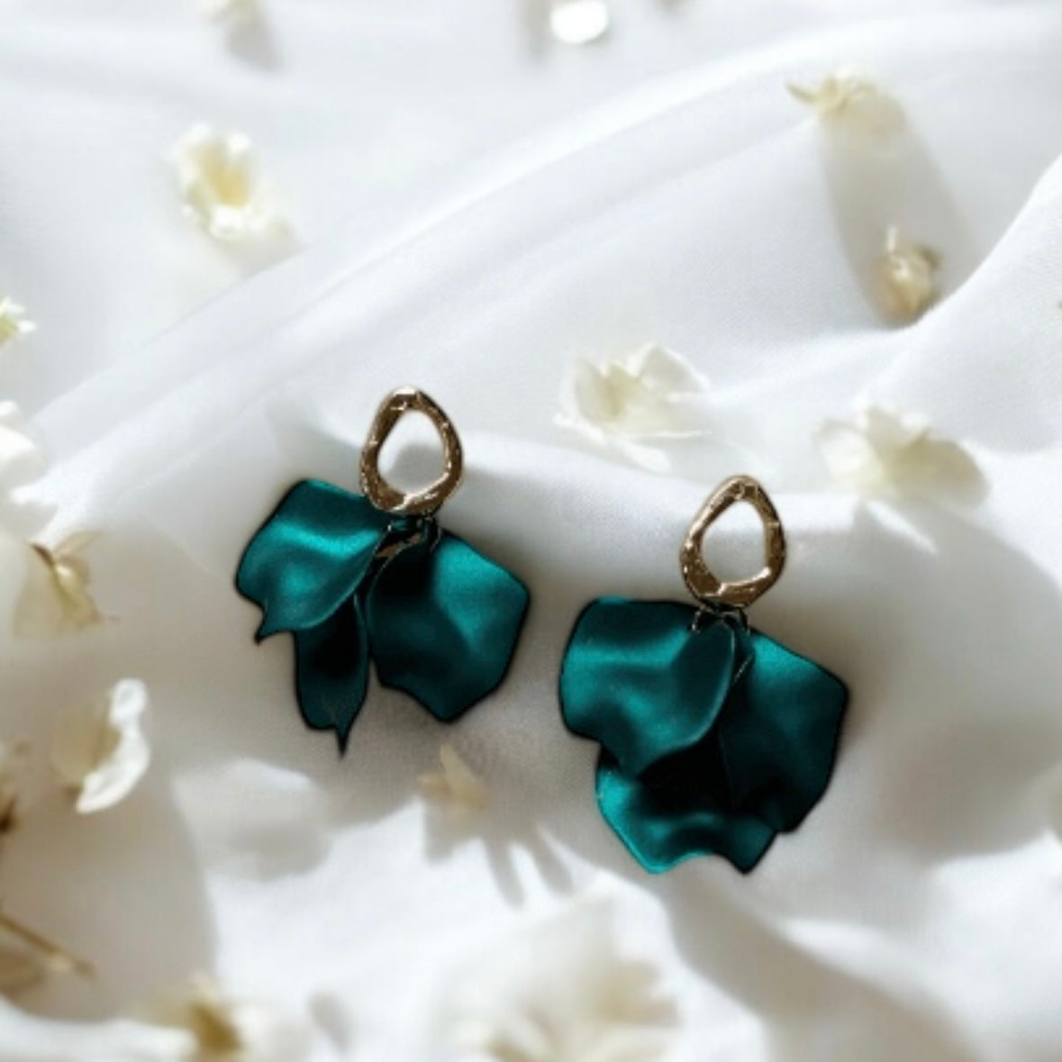 Emerald green iridescent flower earrings | leaf and petals drop statement earrings | unique gold geometric floral earrings