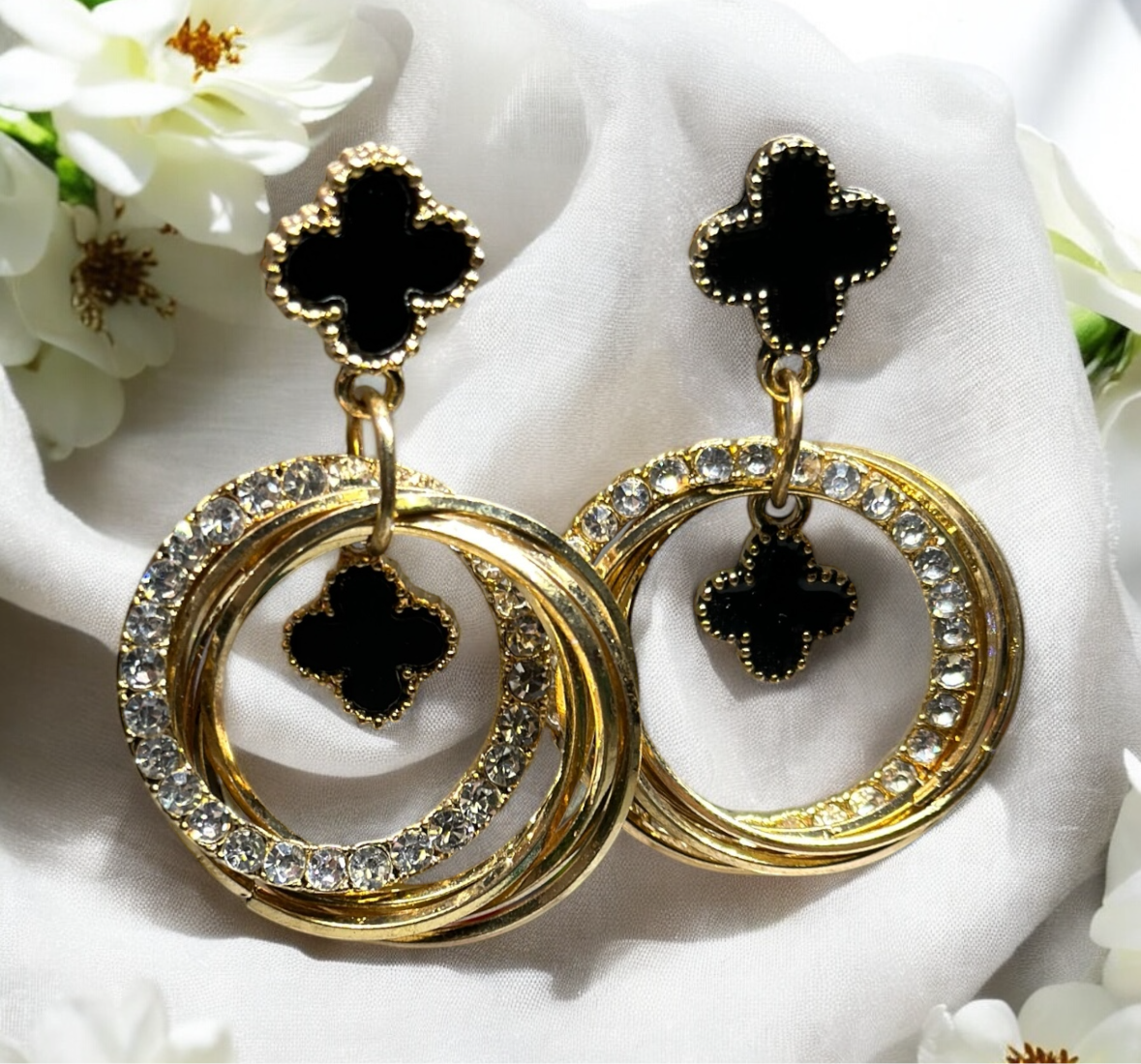 Golden clover earrings | rhinestone elegant earrings