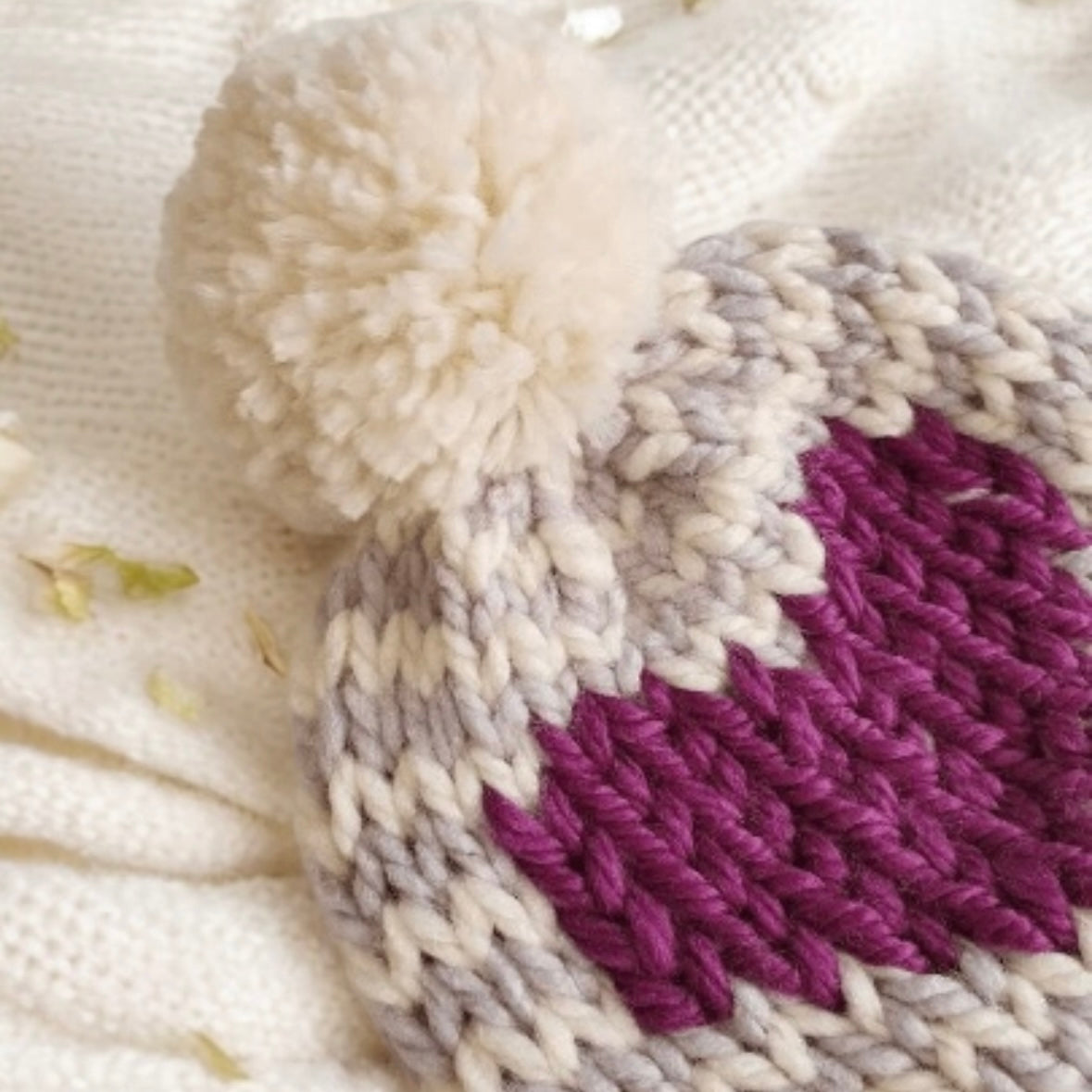 Hand knit Grey and Purple Heart and stripes pompom hat | Baby Toddler beanie |Chunky Pom Pom Hat | Knit winter hat | Baby gift