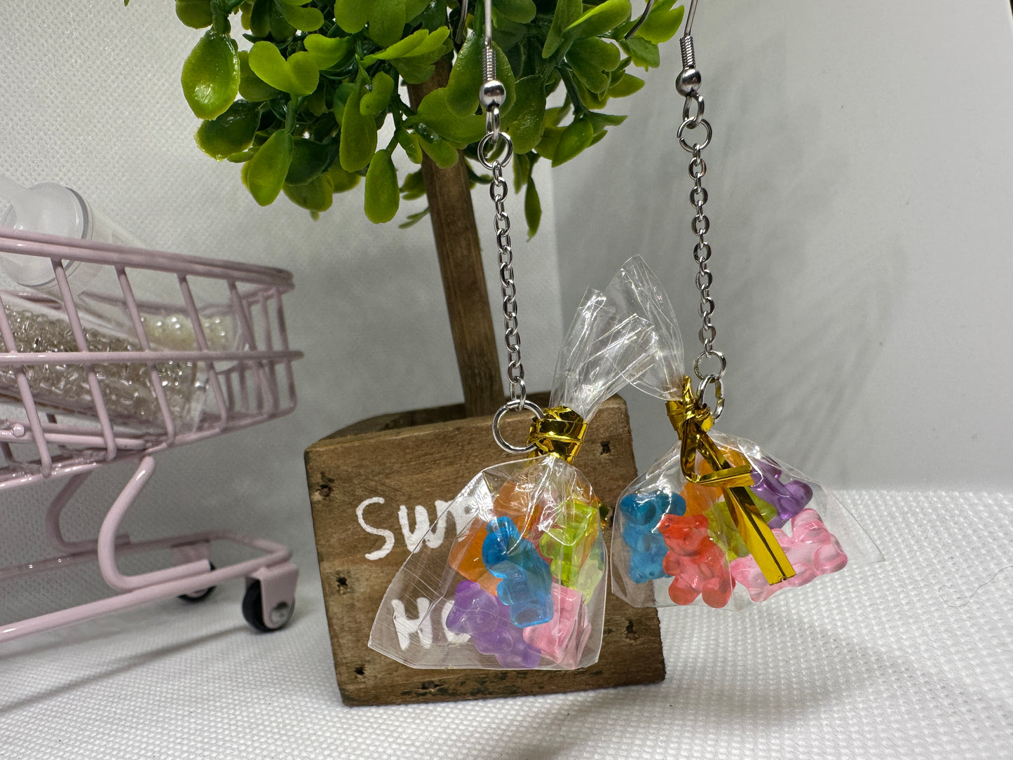 A bag of gummies | miniature candy bag earrings | fun cute art earrings | long dangle earrings