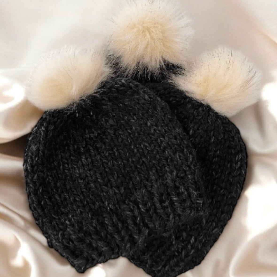 Hand knit baby beanie | Baby Chunky Double Pom Pom Beanie in Charcoal | Newborn Baby Toddler hat | Fur Pom Pom Hat | Knit winter hat