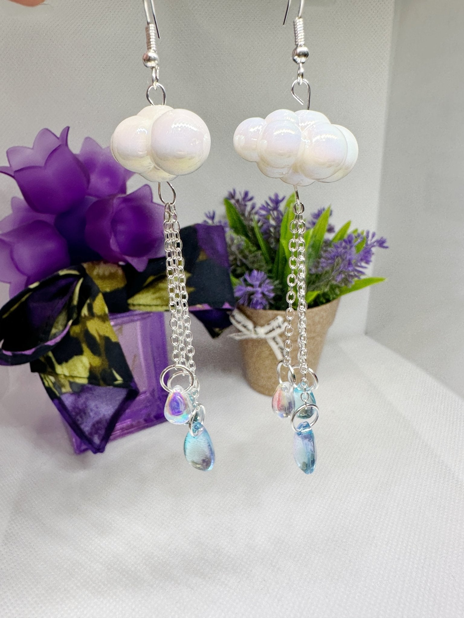 3D cloud earrings | raindrops hologram iridescent earrings | Galaxy dangle earrings | shinny oversize earrings - TuttyKnitty