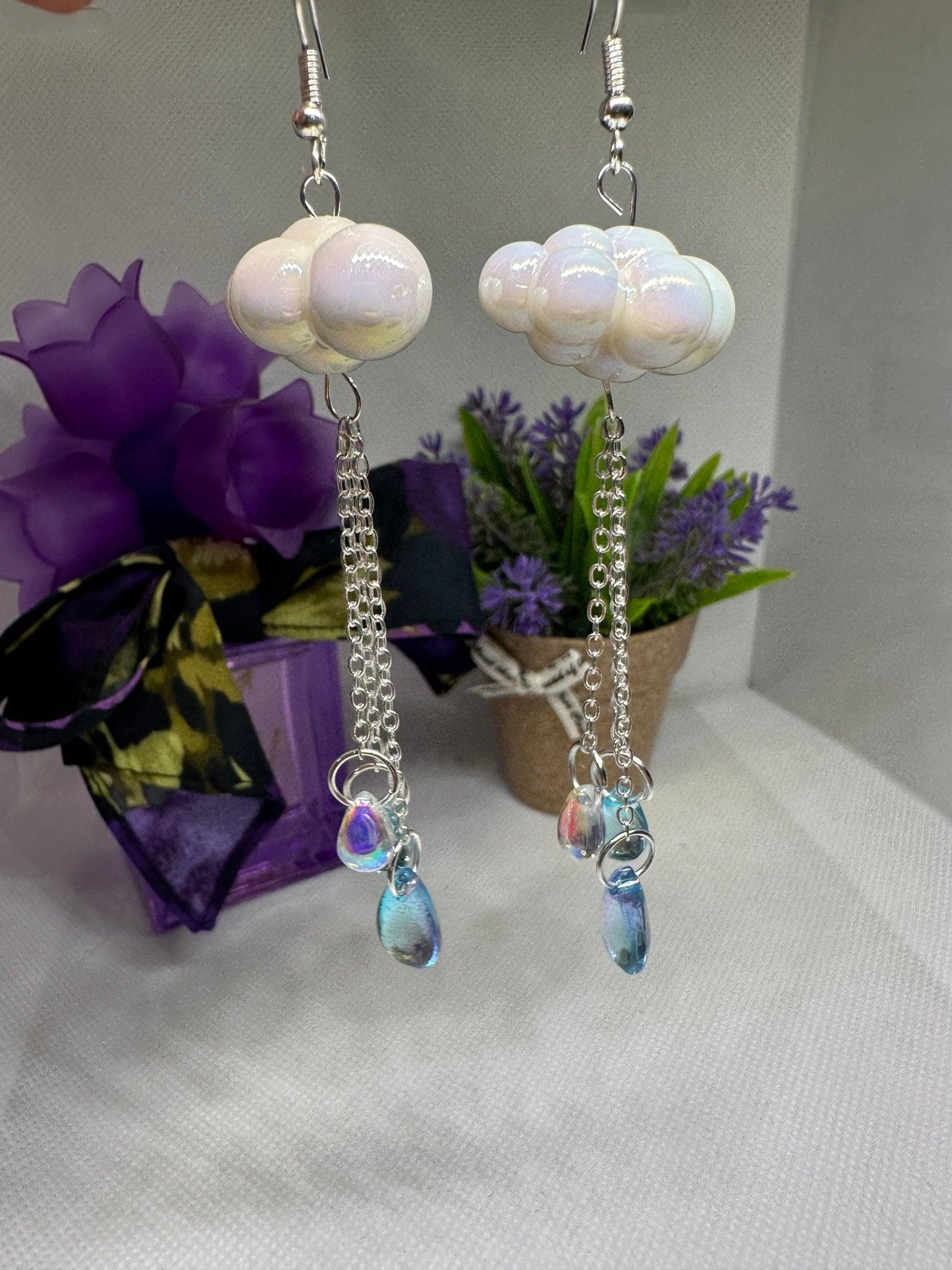 3D cloud earrings | raindrops hologram iridescent earrings | Galaxy dangle earrings | shinny oversize earrings - TuttyKnitty