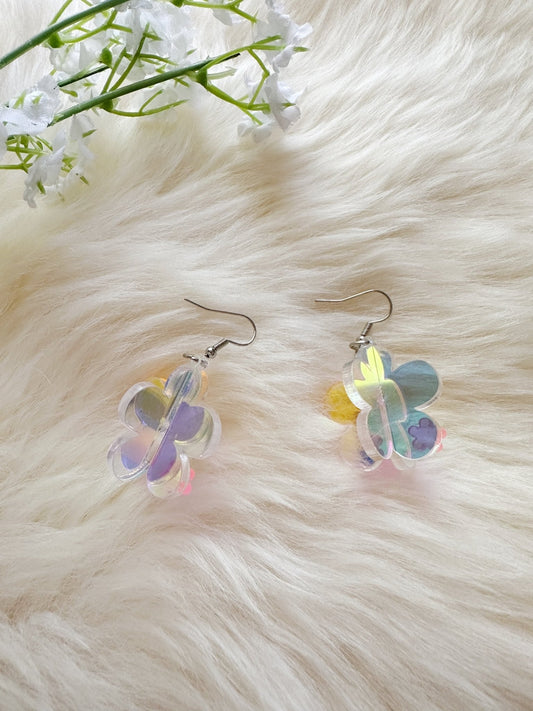 3D flower earrings | fun floral earrings | colourful clear iridescent dangle oversize earrings | hologram fun earrings - TuttyKnitty