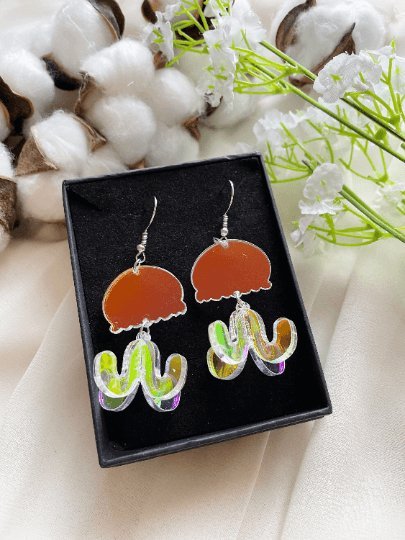 3D Jellyfish earrings | sea creature zoology earrings | colourful clear iridescent dangle oversize earrings | halgoram fun earrings - TuttyKnitty