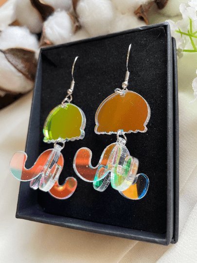 3D Jellyfish earrings | sea creature zoology earrings | colourful clear iridescent dangle oversize earrings | halgoram fun earrings - TuttyKnitty