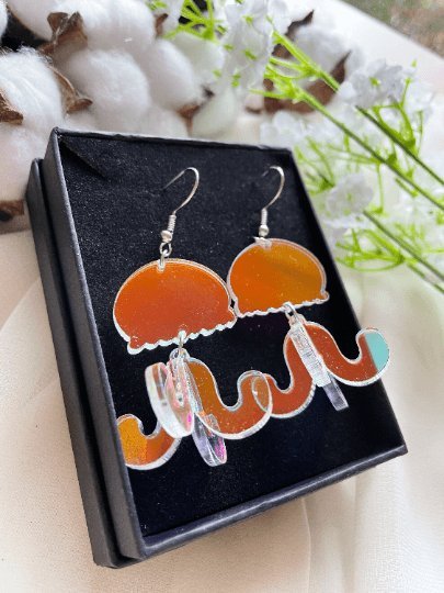 3D Jellyfish earrings | sea creature zoology earrings | colourful clear iridescent dangle oversize earrings | halgoram fun earrings - TuttyKnitty