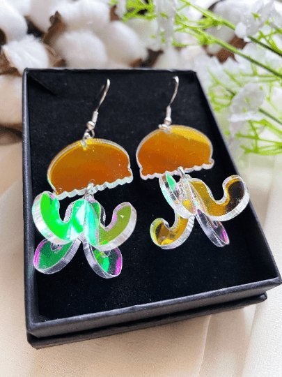 3D Jellyfish earrings | sea creature zoology earrings | colourful clear iridescent dangle oversize earrings | halgoram fun earrings - TuttyKnitty