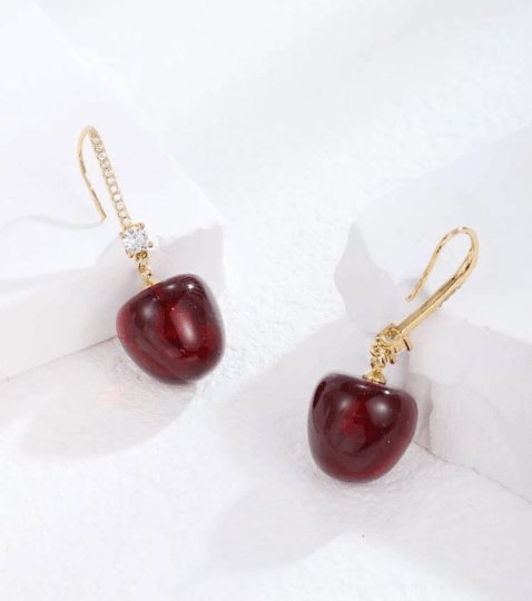 3D red cherry dangle earrings | fruits dangle earrings | oversize statement | cute kawaii earrings or brooch| burgundy red cherry petals - TuttyKnitty