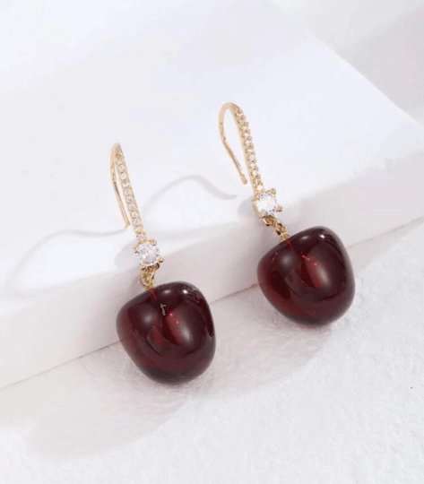 3D red cherry dangle earrings | fruits dangle earrings | oversize statement | cute kawaii earrings or brooch| burgundy red cherry petals - TuttyKnitty