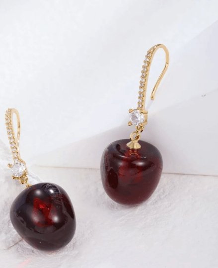 3D red cherry dangle earrings | fruits dangle earrings | oversize statement | cute kawaii earrings or brooch| burgundy red cherry petals - TuttyKnitty