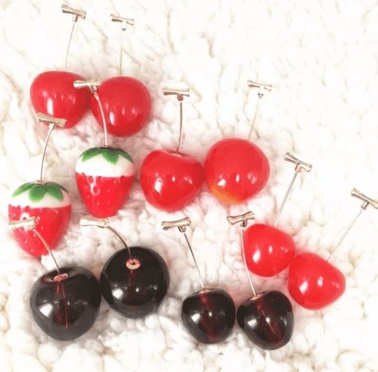 3D red cherry dangle earrings | fruits dangle earrings | oversize statement earrings | cute kawaii earrings or brooch| burgundy red cherry - TuttyKnitty