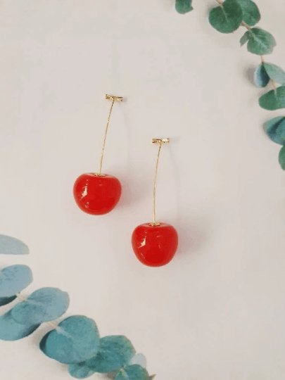 3D red cherry dangle earrings | fruits dangle earrings | oversize statement earrings | cute kawaii earrings or brooch| burgundy red cherry - TuttyKnitty