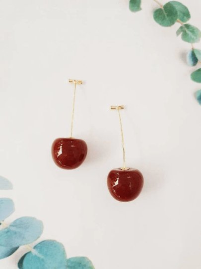 3D red cherry dangle earrings | fruits dangle earrings | oversize statement earrings | cute kawaii earrings or brooch| burgundy red cherry - TuttyKnitty