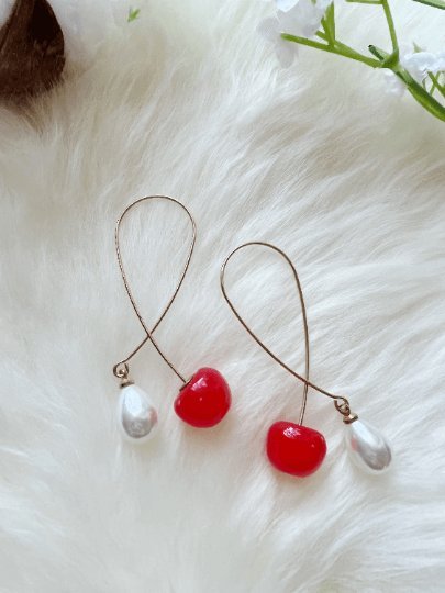 3D red cherry dangle earrings | fruits dangle earrings with pearl | oversize statement earrings | cute kawaii earrings| burgundy red cherry - TuttyKnitty