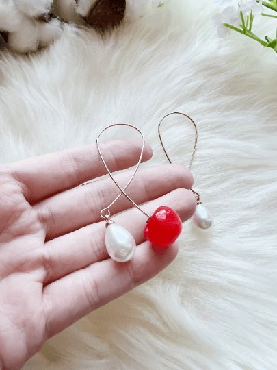 3D red cherry dangle earrings | fruits dangle earrings with pearl | oversize statement earrings | cute kawaii earrings| burgundy red cherry - TuttyKnitty