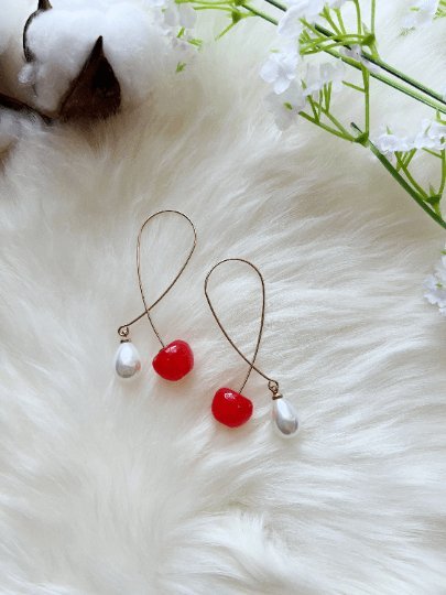 3D red cherry dangle earrings | fruits dangle earrings with pearl | oversize statement earrings | cute kawaii earrings| burgundy red cherry - TuttyKnitty