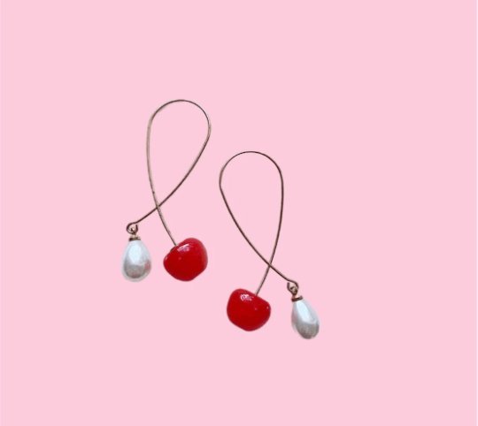 3D red cherry dangle earrings | fruits dangle earrings with pearl | oversize statement earrings | cute kawaii earrings| burgundy red cherry - TuttyKnitty