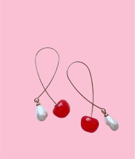 3D red cherry dangle earrings | fruits dangle earrings with pearl | oversize statement earrings | cute kawaii earrings| burgundy red cherry - TuttyKnitty