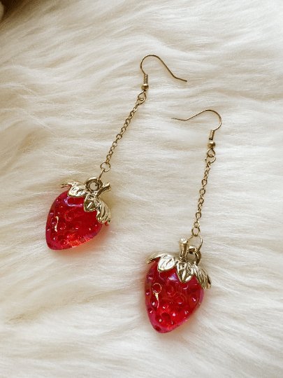 3D red strawberry dangle earrings | fruits dangle earrings | oversize statement | cute kawaii earrings | burgundy red berry petals - TuttyKnitty