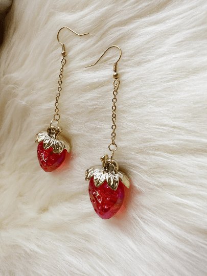 3D red strawberry dangle earrings | fruits dangle earrings | oversize statement | cute kawaii earrings | burgundy red berry petals - TuttyKnitty