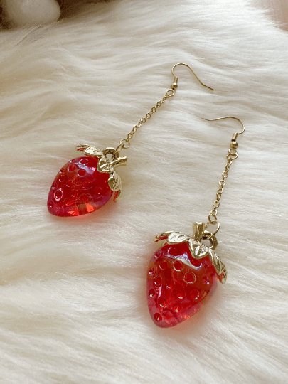 3D red strawberry dangle earrings | fruits dangle earrings | oversize statement | cute kawaii earrings | burgundy red berry petals - TuttyKnitty