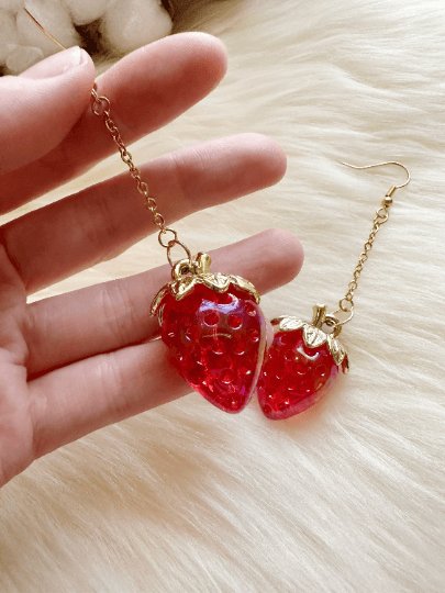 3D red strawberry dangle earrings | fruits dangle earrings | oversize statement | cute kawaii earrings | burgundy red berry petals - TuttyKnitty