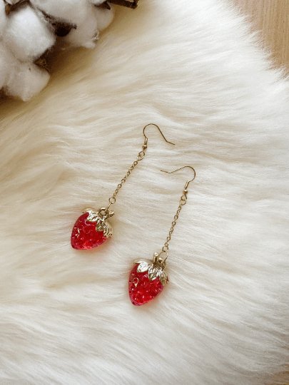 3D red strawberry dangle earrings | fruits dangle earrings | oversize statement | cute kawaii earrings | burgundy red berry petals - TuttyKnitty